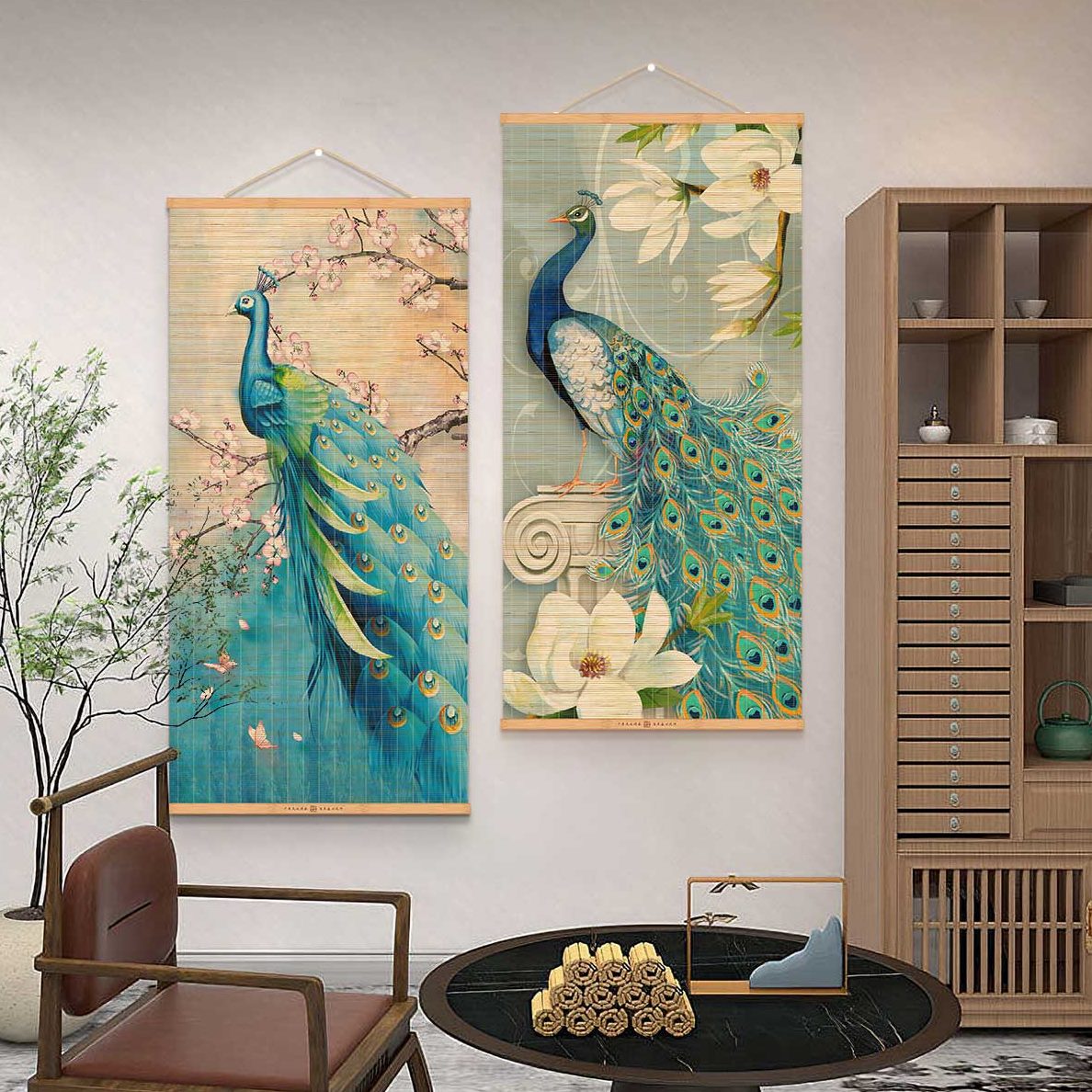 现代装饰画背景墙玄关卷轴客厅沙发挂画竹帘挂画艺术孔雀入户进门图片