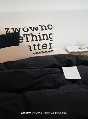 Zwow斯堪的纳维亚黑色冷风格禁欲字母对比色棉杏色四件套男孩