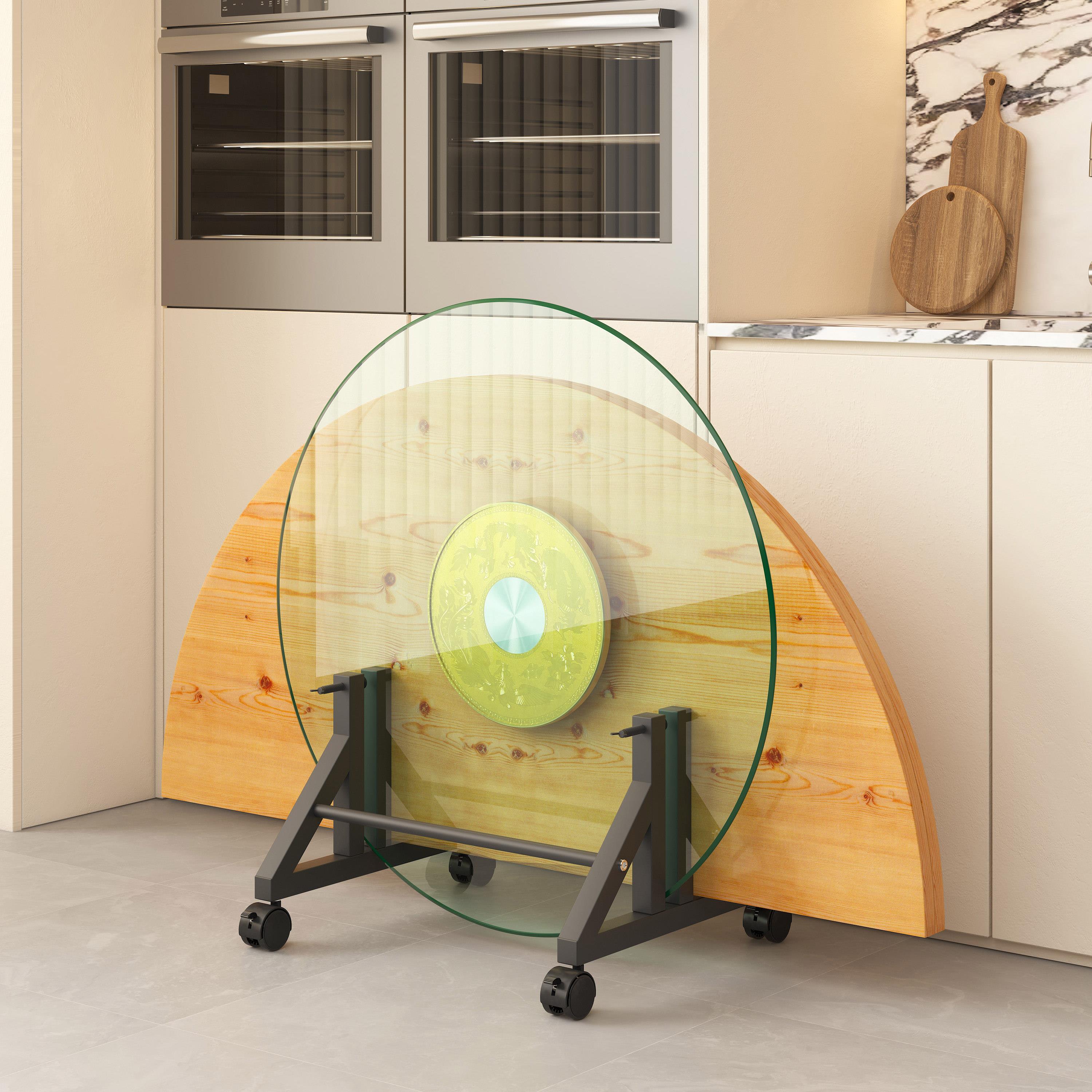 家用玻璃转盘存放收纳架四分圆桌面专用放置架铁艺带轮可移动支架