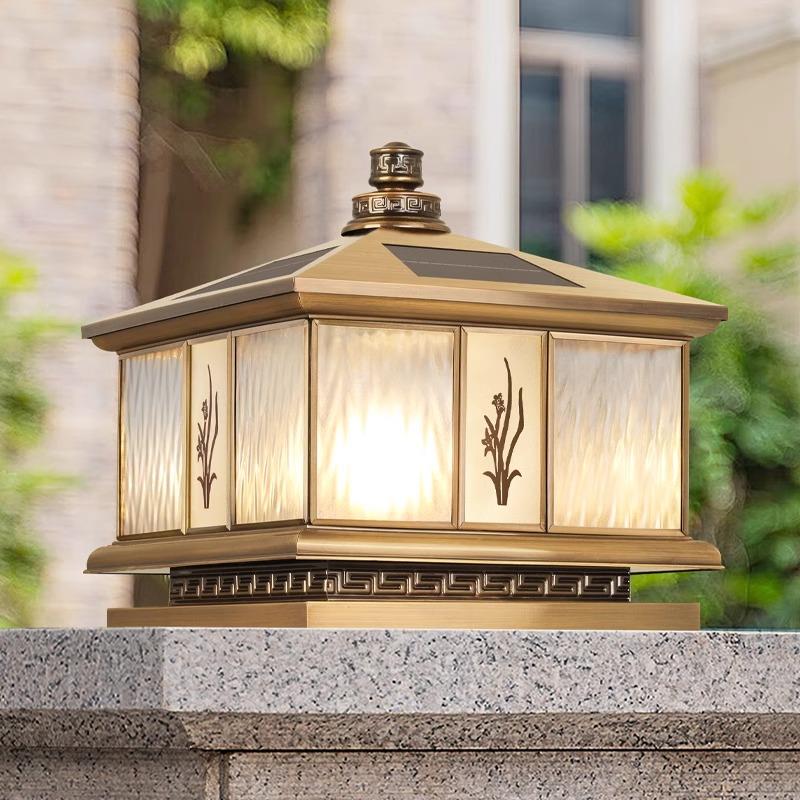 全铜太阳能防水柱头灯户外欧式别墅庭院灯室外大门围墙柱灯接电款