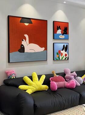 多巴胺客厅装饰画卡通小狗红色正方形餐厅壁画儿童房卧室床头挂画