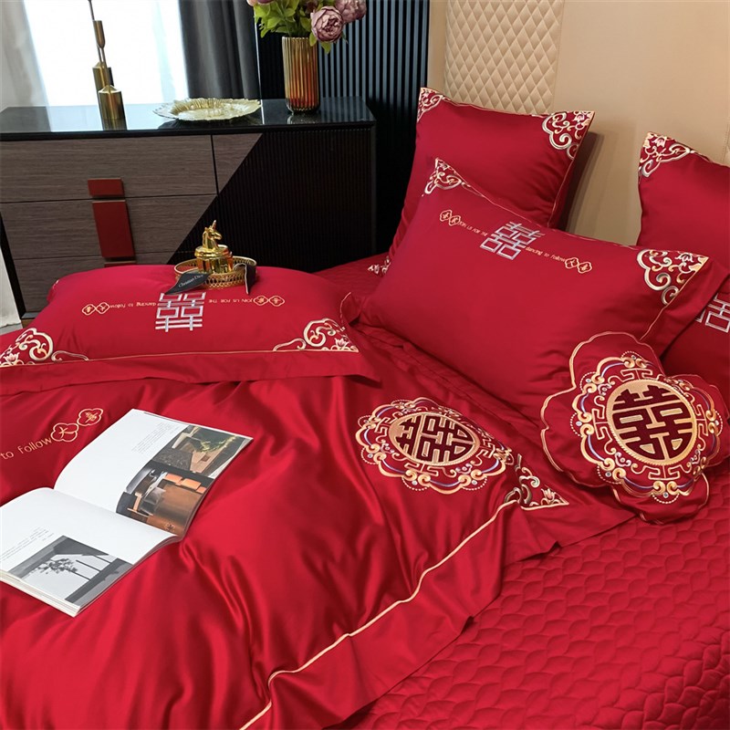 婚庆60支双股长绒棉大喜刺绣款床单被套结婚四件套床上用品