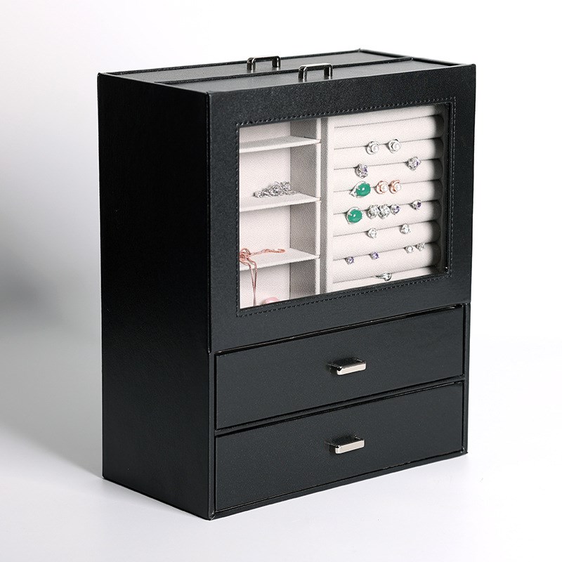 檀韵致远PU皮革竖开窗四抽首饰盒黑色高端珠宝收纳展示销售包装盒
