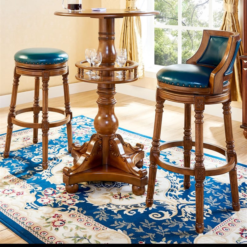 美式吧台椅家用欧式实木吧椅圆复古吧凳高脚凳靠背酒吧旋转轻奢