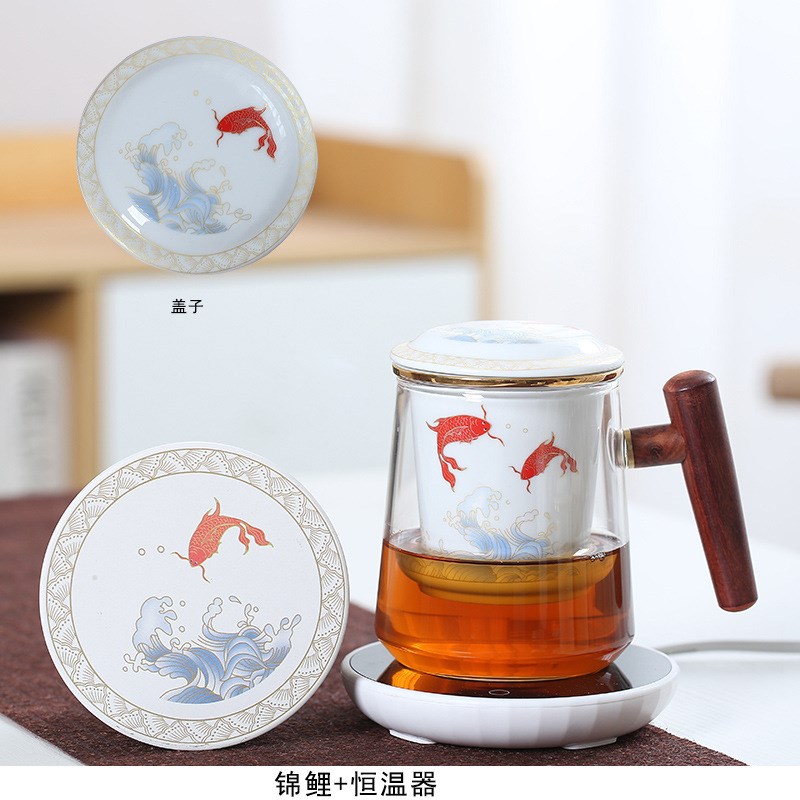 千里江山玻璃泡茶杯陶瓷茶水分离杯55度恒温杯垫自动保温水杯礼品
