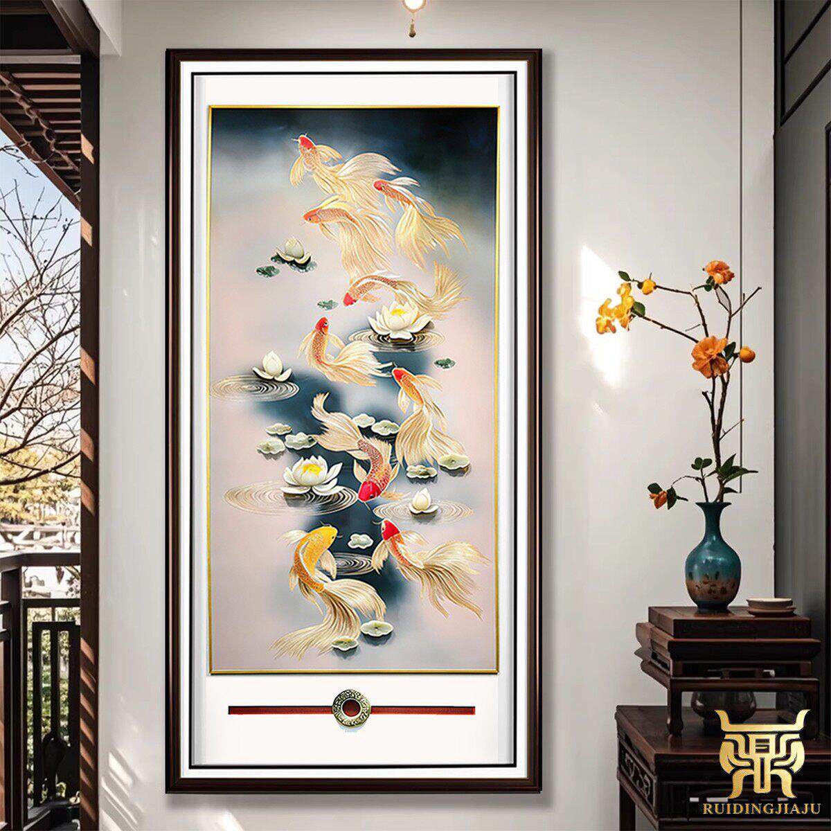 新品铜雕装饰画入户玄关手工雕刻铜镶玉客厅新中式竖版九鱼图挂画