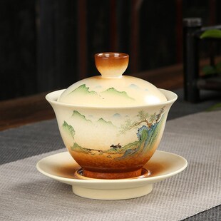 陶瓷功夫茶具单个茶碗大号手绘柴烧泡茶杯子 盖碗茶杯复古粗陶日式