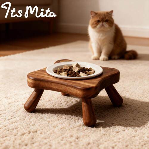Its Mita实木餐桌猫狗陶瓷碗饭盆防打翻护颈增高木质碗架