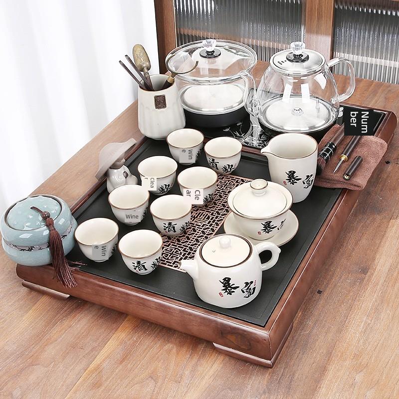 整套茶具套装实木乌金石茶盘功夫茶台底上水一体全自动家用泡茶道
