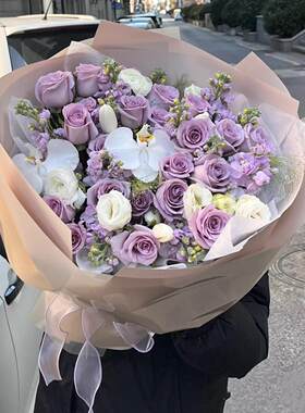 三八节杭州鲜花速递同城海洋之歌紫玫瑰混搭花束生日订花店送上门