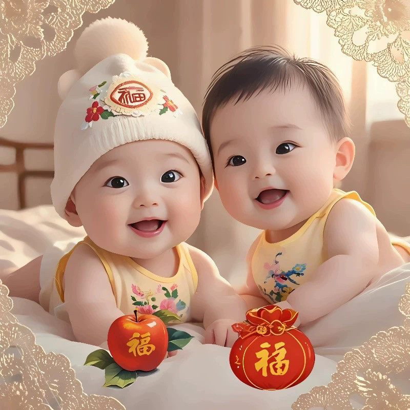 2025年画婴儿海报人丁兴旺画大头娃娃照片结婚福宝宝画像双胞儿子