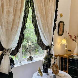 法式 复古遮光窗帘赫本风黑色荷叶边双层布纱一体宿舍小窗帘隔断帘