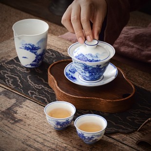 三才盖碗茶杯釉下彩白瓷家用青花山水茶杯茶碗茶壶陶瓷功夫茶具