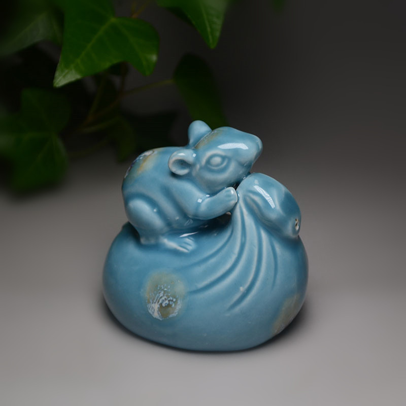 手绘青花砚滴钱袋老鼠水滴书法砚台磨墨文房陶瓷器工艺摆件礼品