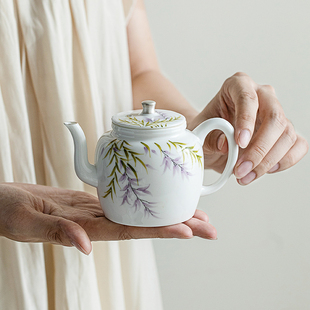 功夫茶具纯手绘紫藤花描银茶壶家用泡茶壶 拓土釉下彩陶瓷单壶中式