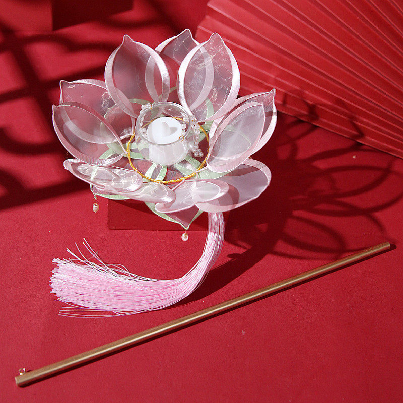 淡水珍珠荷花灯宫廷复古风提杆流苏汉服手工缠花缕空网纱莲花灯笼