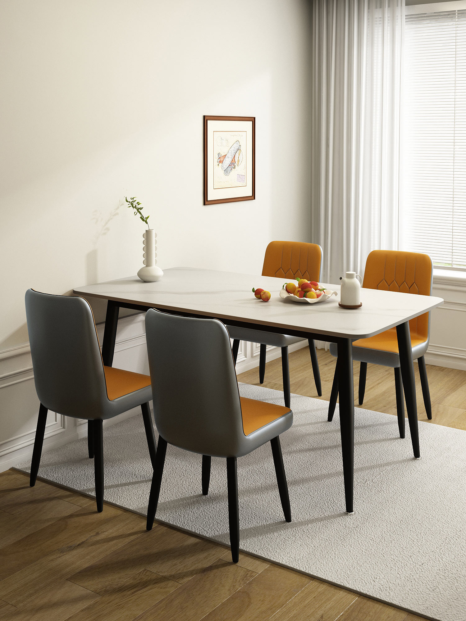 意式岩板餐桌家用小户型现代简约长方形吃饭桌子大理石餐桌椅组合