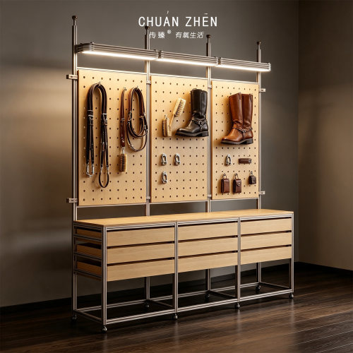 马术店落地装备展示架E0海洋板洞洞板铝型材马术用具收纳柜可定制