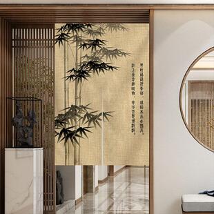 自吸门帘家用免打孔竹子民宿厨房厕所遮挡复古卧室棉麻挂布帘 中式