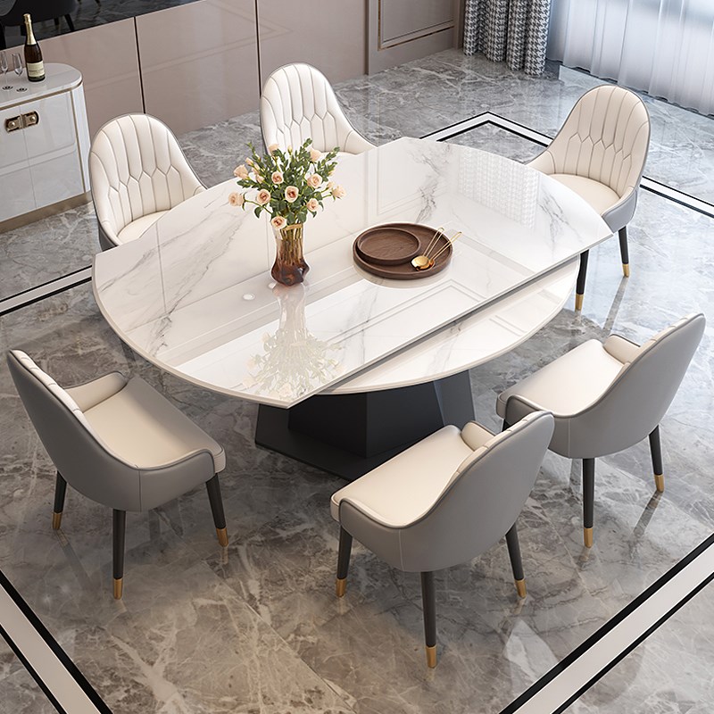 意式极简岩板餐桌椅组合北欧方圆两用可J伸缩旋转圆形餐台吃饭桌