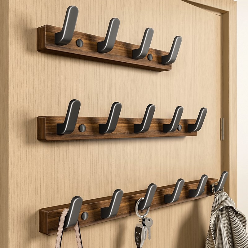 门后挂钩黑胡桃木挂衣架墙上壁挂免打孔强L力玄关帽子钥匙收纳实