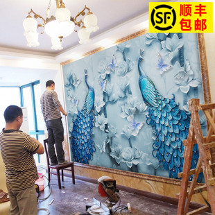 18D浮雕立体简约现代壁画电视背景无缝壁纸客厅沙U发卧室墙布孔雀