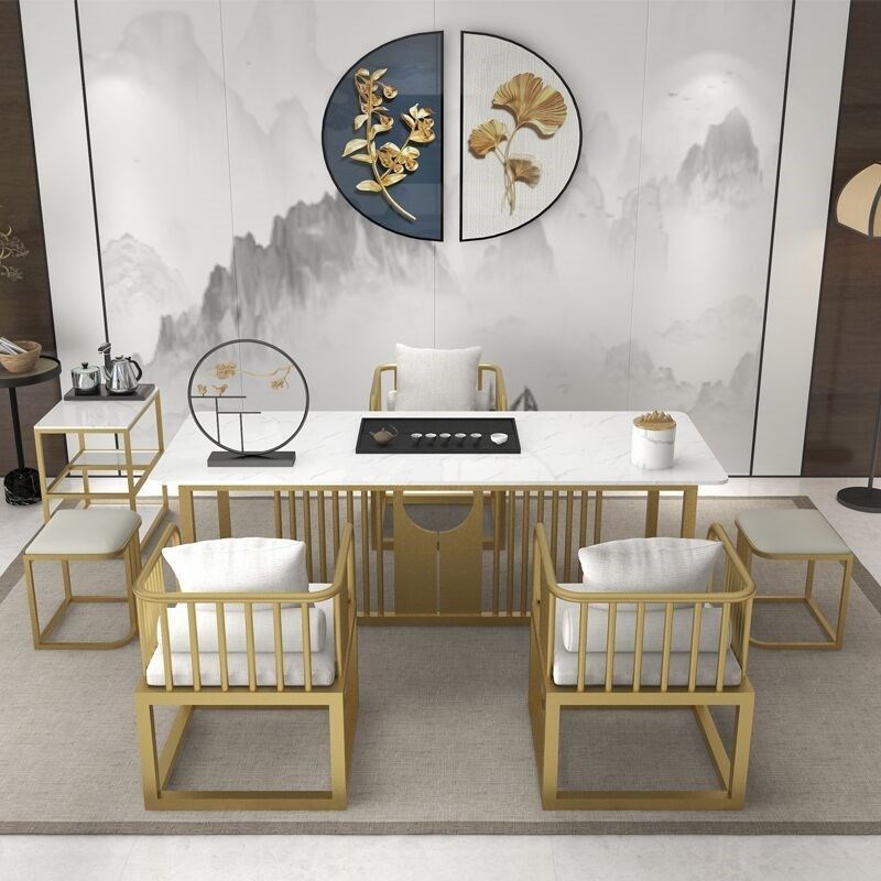 轻奢岩板茶桌一体一整套铁艺沙发现代简约新中式功夫茶台桌椅组合