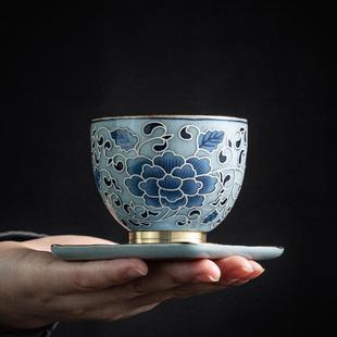 汝窑缠枝莲银线斗笠杯个人专用品茗杯陶瓷开片家用茶杯茶碗主人杯