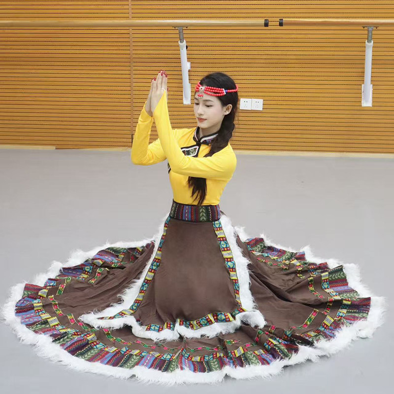 藏族舞蹈演出服装女学生艺考班服民族跳舞练习大摆半身裙舞台表演