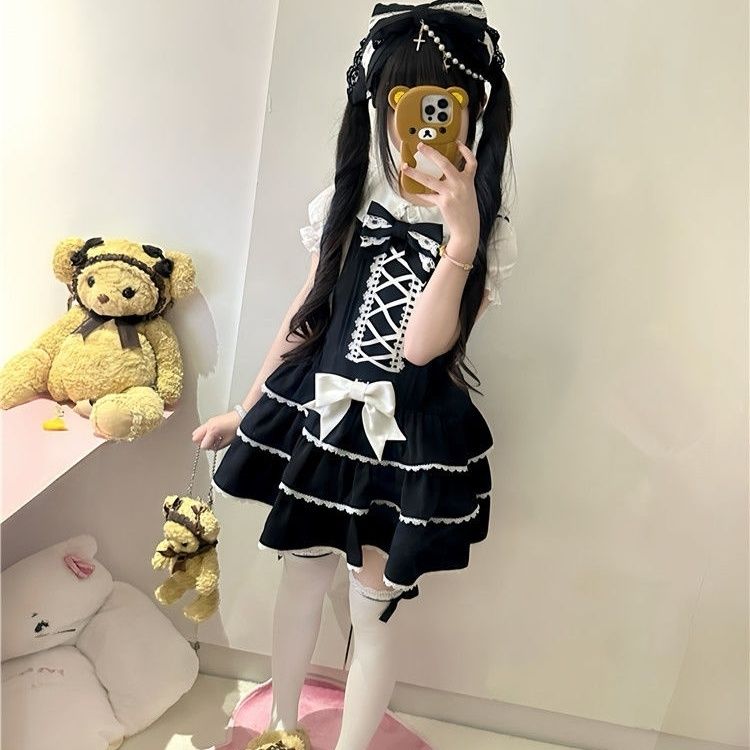 熊之原创lolita古早昭和蛋糕三层裙摆背带裙衬衫套装