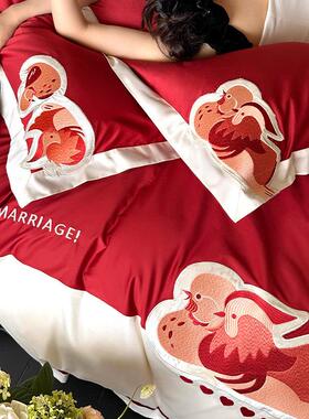 新年婚庆床组四件套全棉100S鸳鸯刺绣拼接红色结婚被套床单床笠款