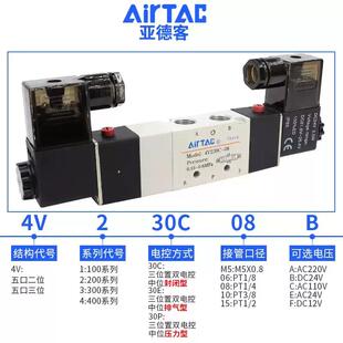 亚德客4V230C-08 4V330C-10中封电磁阀三位五通中封电磁阀 DC24V