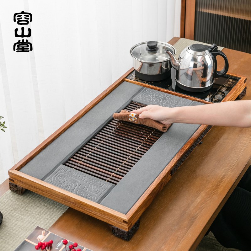 容山堂茗绣黑檀木茶盘乌金石储排水茶台实木茶盘全自动上烧水套装