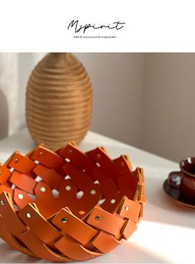 纯手工设计师新款纯正马鞍皮皮质收纳篮桌面皮革收纳轻奢高级摆件