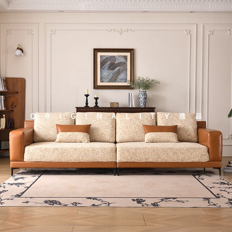 中古风可拆洗沙发皮与棉麻布艺结合法式复古客厅大小户型直排沙发
