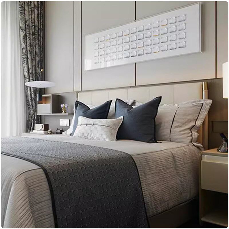 样板房床上用品现代轻奢蓝色抱枕银高级灰腰枕搭毯多件套