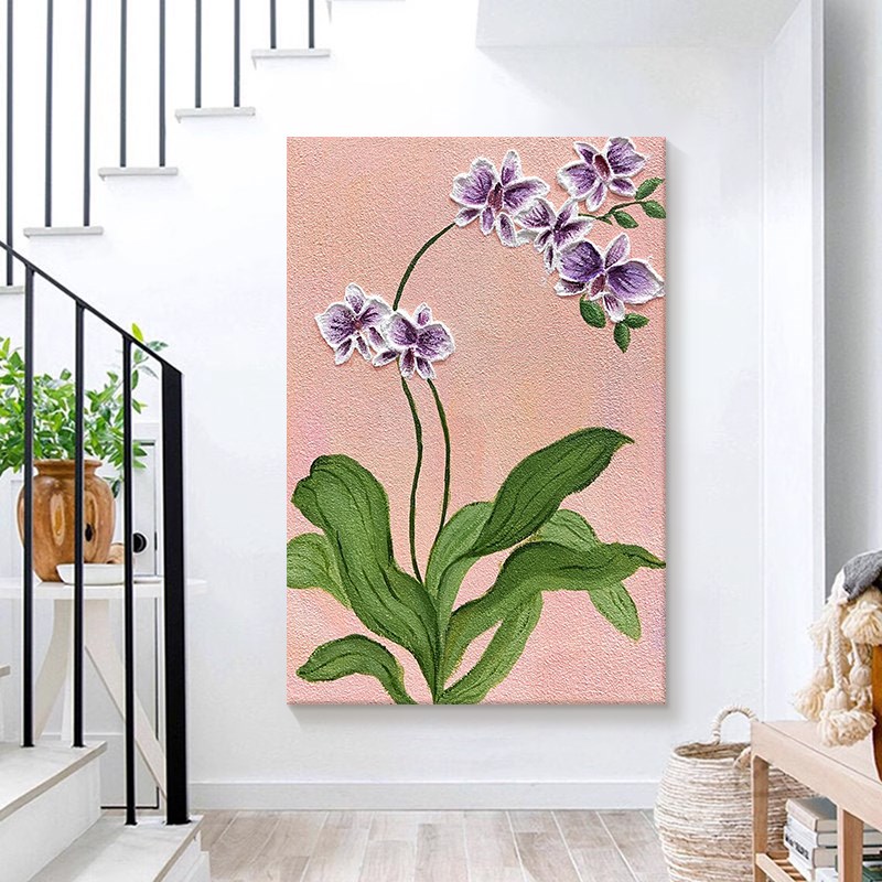 玉兰花高级感粉色砂岩肌理玄关装饰挂画抽象立体花卉客厅手绘油画图片