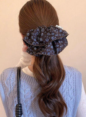 网红复古咖蓝色碎花大肠发圈发量多丸子头发绳韩国新款马尾扎头绳