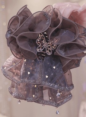 轻奢蝴蝶裙摆抓夹女高级感网纱水钻发夹后脑勺盘发鲨鱼夹丸子头夹