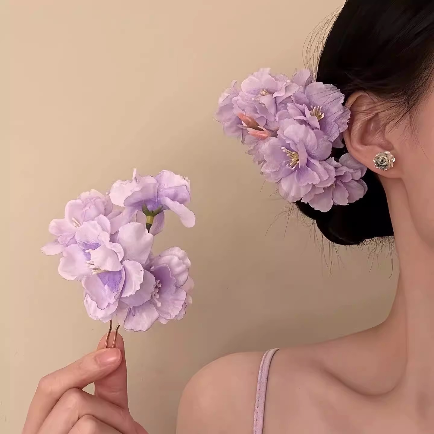 新中式紫色花朵U型发簪图片