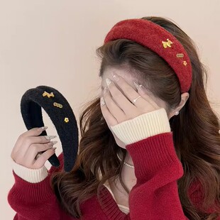 「马上有钱花」秋冬红色毛绒宽边发箍女款高级质感高颅顶头箍发卡