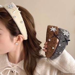 超仙雪花闪钻毛绒蝴蝶结宽边发箍女氛围感日常外出头箍高颅顶发卡