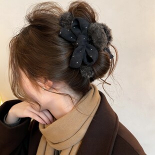 秋冬波点蝴蝶结毛绒抓夹女鲨鱼夹饱满后脑勺大号高级感盘发夹头饰