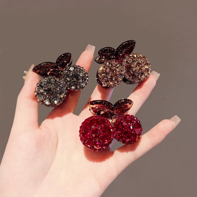 新年红色樱桃满钻小型发夹边夹