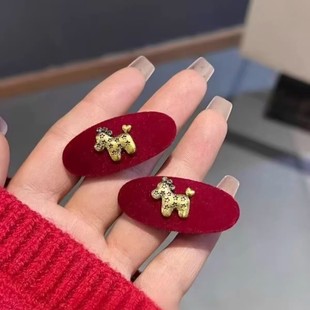 秋冬植绒小马发夹边夹侧边刘海夹子椭圆红色新年发卡鸭嘴夹子发饰