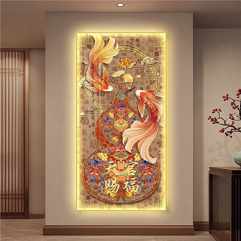 锦鲤葫芦玄关装饰画新中式入户正对门挂画高级感led带灯竖版壁画