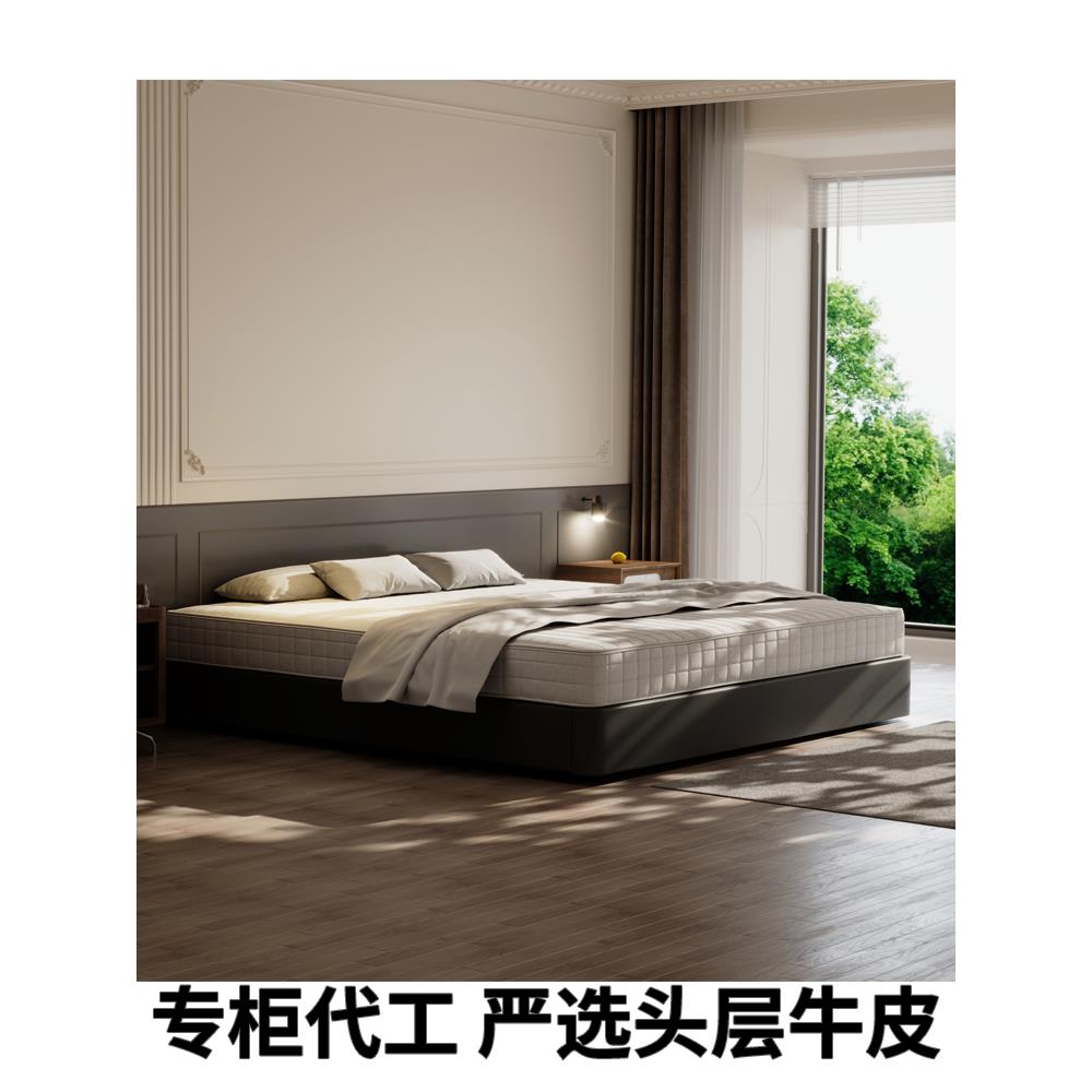 意式极简真皮床头层牛皮小户型北欧简约现代轻奢真皮床架子无床头