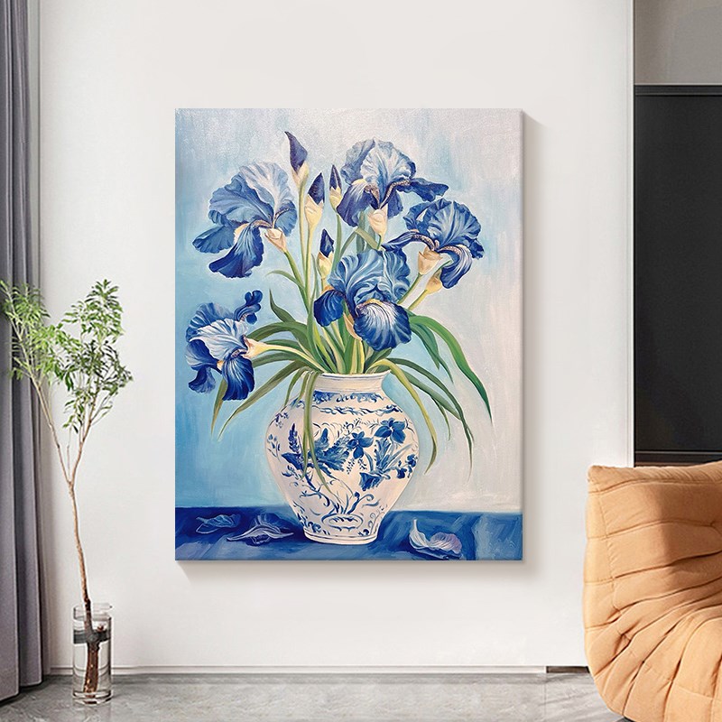 蓝色花纯手绘油画抽象青花瓷花瓶艺术客厅挂画植物肌理玄关装饰画图片