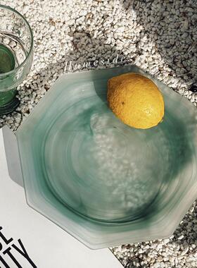 Homeside湖绿色云雾盘ins玻璃八角盘艺术餐盘雾纹西餐沙拉水果盘