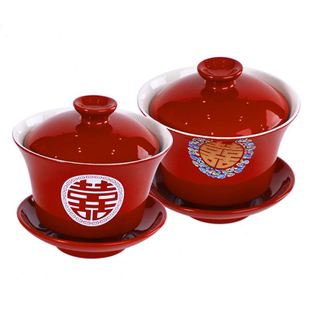 婚礼红色喜碗茶杯子婚庆用品大拓 敬茶杯结婚改口敬酒对杯碗筷套装